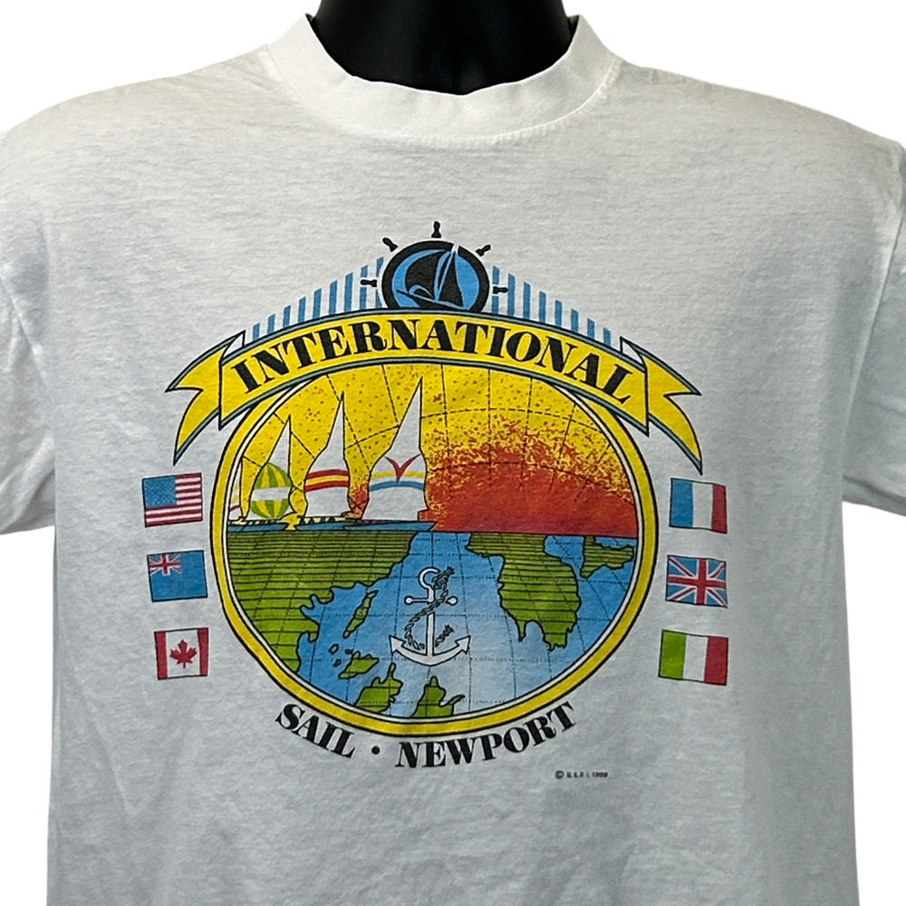 Vintage 80s International Sail Newport T Shirt Sailing Yacht White Tee M Medium